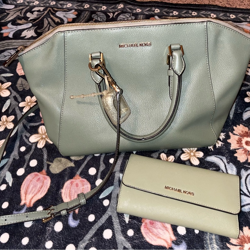 Michael Kors Sage Green Satchel and Wallet Set
